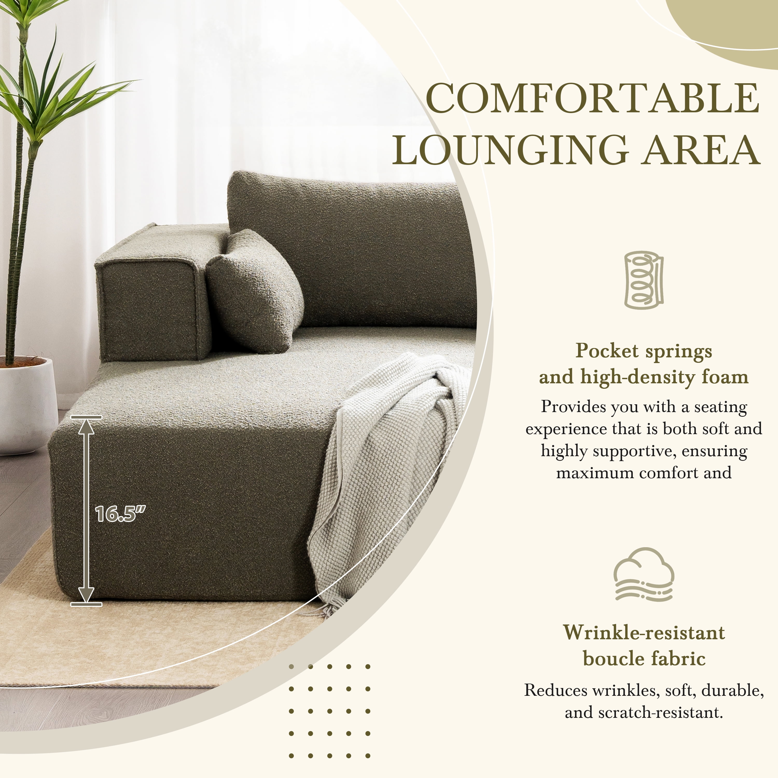 Sectional Sofa, Modular Couch, L-Shaped Fully Compressed with Free Side Table and 2 Pillows, No Assembly Required, Wrinkle-Resistant Boucle Fabric for Living Room, 112 Inch, Grayish Green