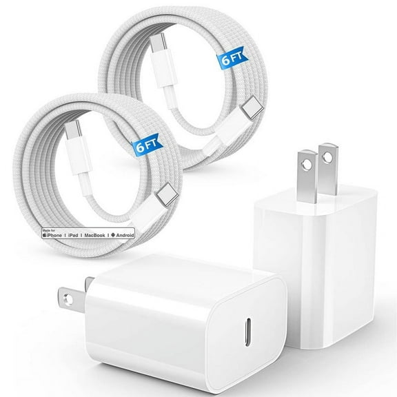 2 Pack 20W USB-C PD Fast Charger Wall Adapter Plug 6ft 60W USB-C Fast Charging Cable Compatible with iPhone 17 / 16 / 15 Pro Max Plus Air, iPad Pro, Galaxy S25 /S24 /S23 Ultra, White (4 items kit)