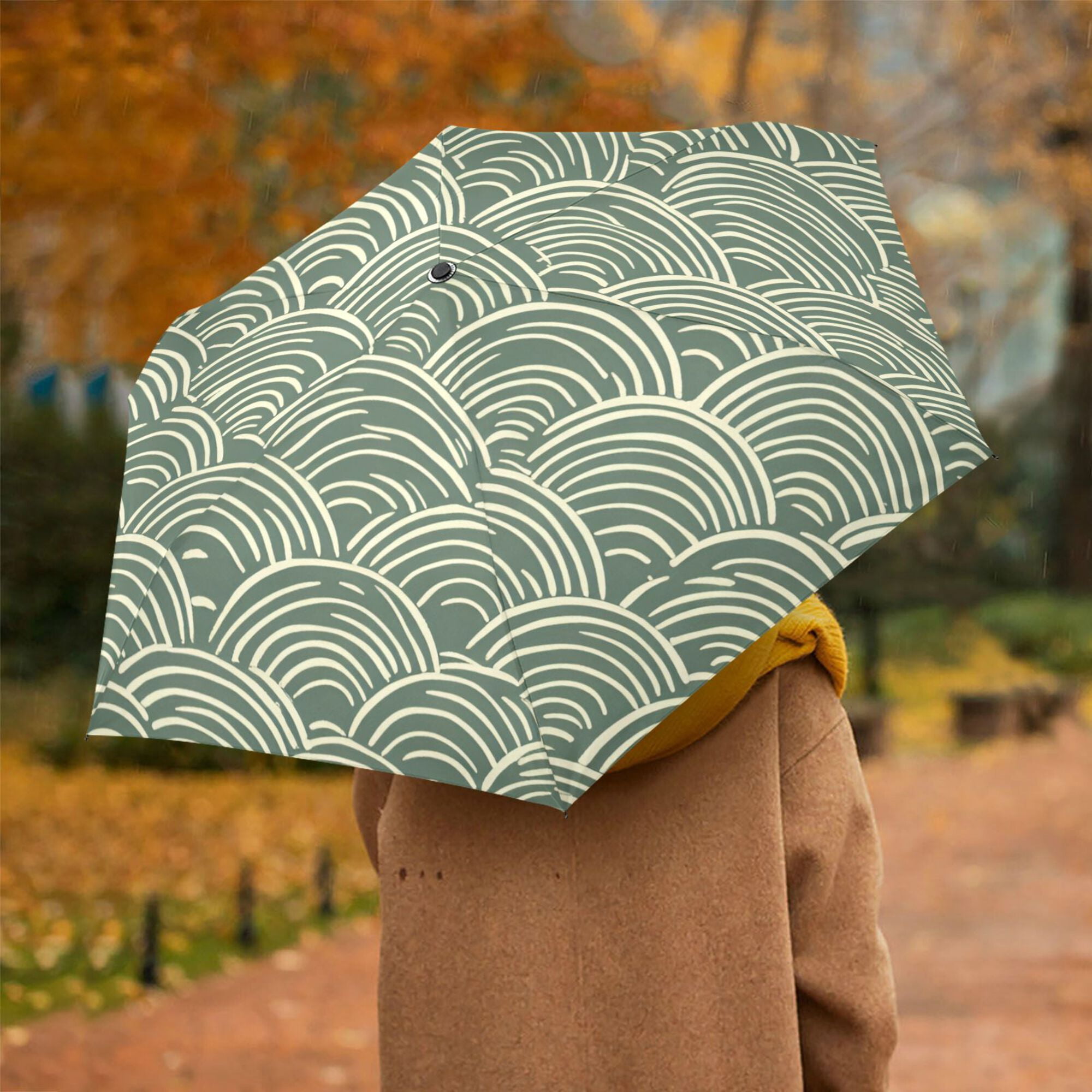 FORMRS Travel Umbrella Folding Auto Open Close Windproof Rain UV Protection, Retro Green Abstract