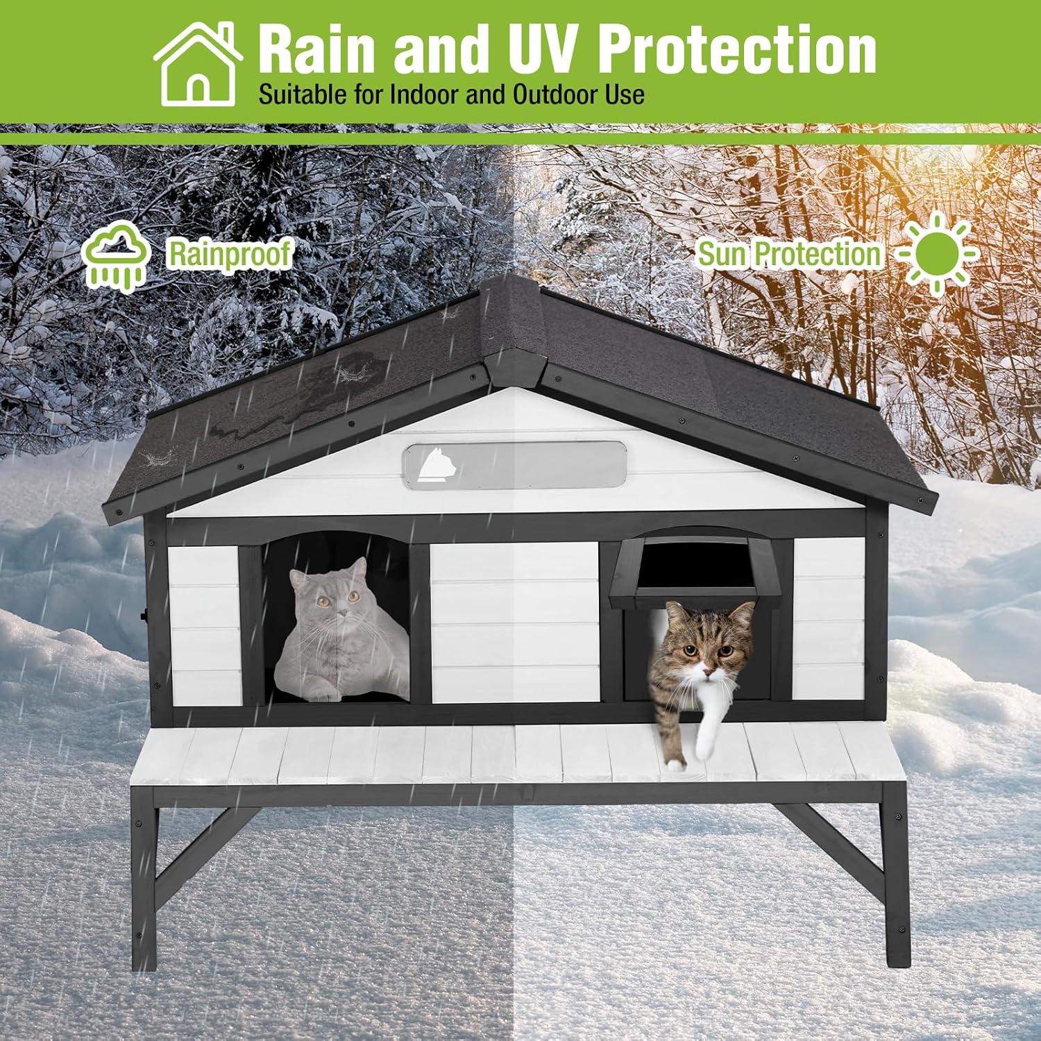 MEDEHOO Heated Cat House for Outside, Outdoor Cat House Weatherproof Insulated Feral Cat Shelter with Anti-Chewing Electric Heating Pad, Elevated Base & DIY Nameplate, 43.5" L(Black and White)
