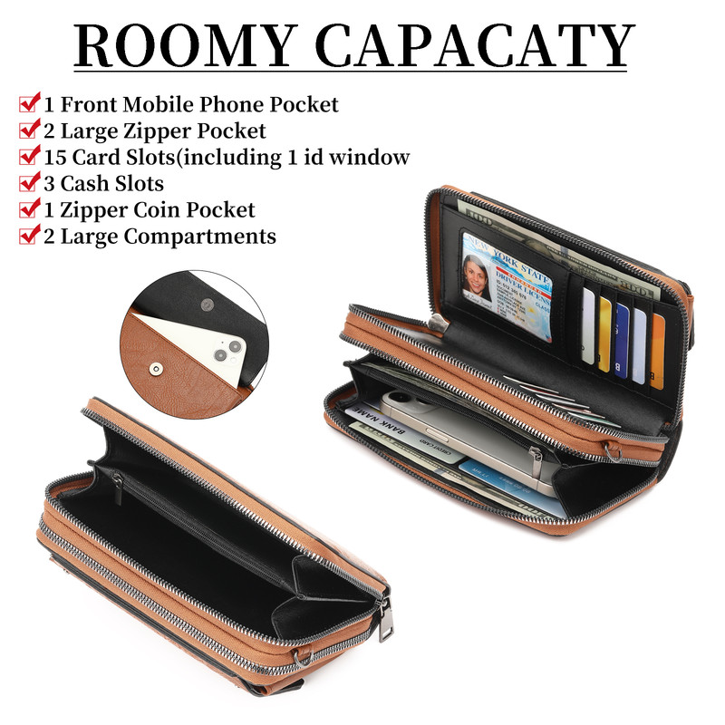 FALAN MULE Crossbody Bags for Women Small Leather Cell Phone Wallet Wristlet Purse with Zip Around 2 Strap