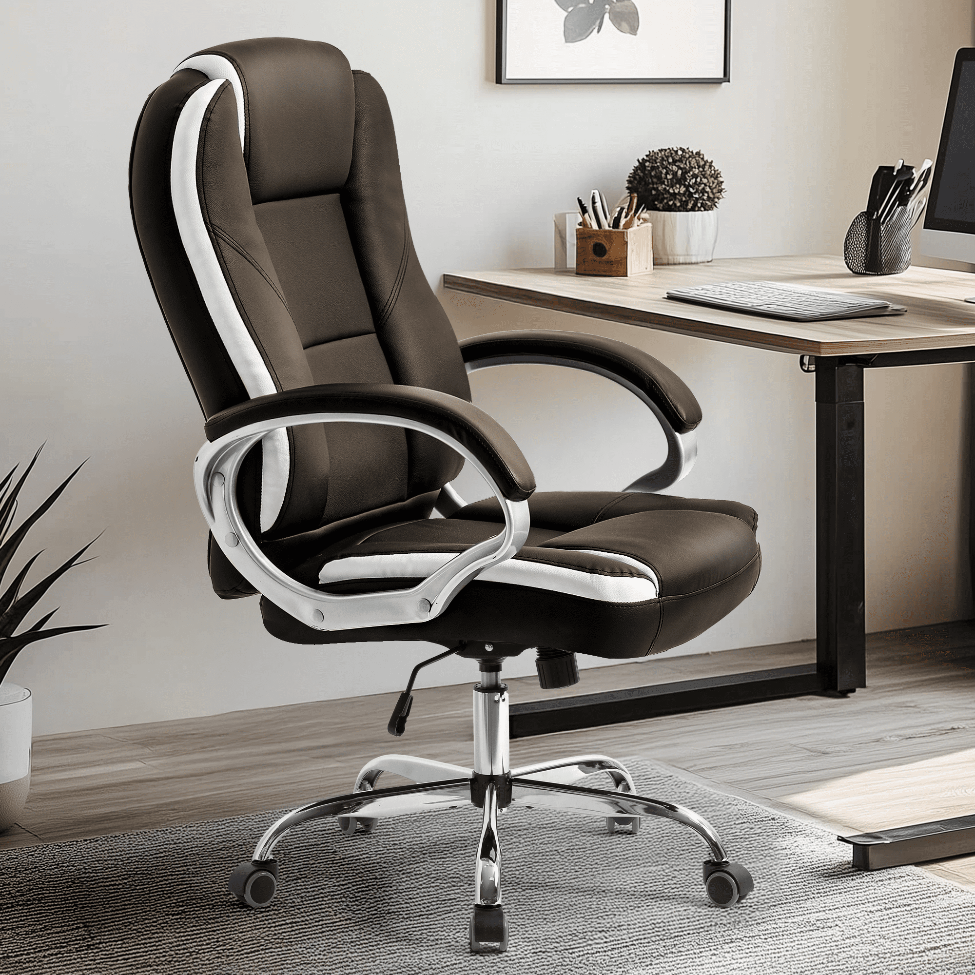 NEO CHAIR Home Office Chair, Heavy Duty Leather Office Chair, Ergonomic High Back Cushion Lumbar Back Support, Computer Desk Executive Chair for Work, 8 Hours Comfort, Brown