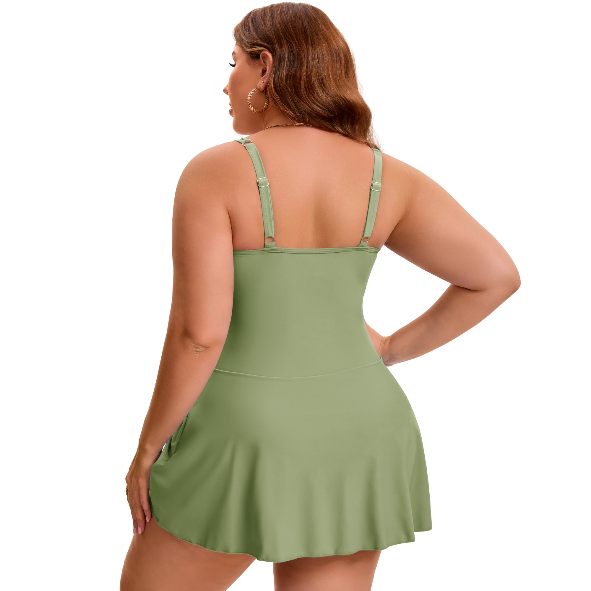 DARING DIVA Women's Plus 1 Piece Tummy Control Push Swimdress L Army Green