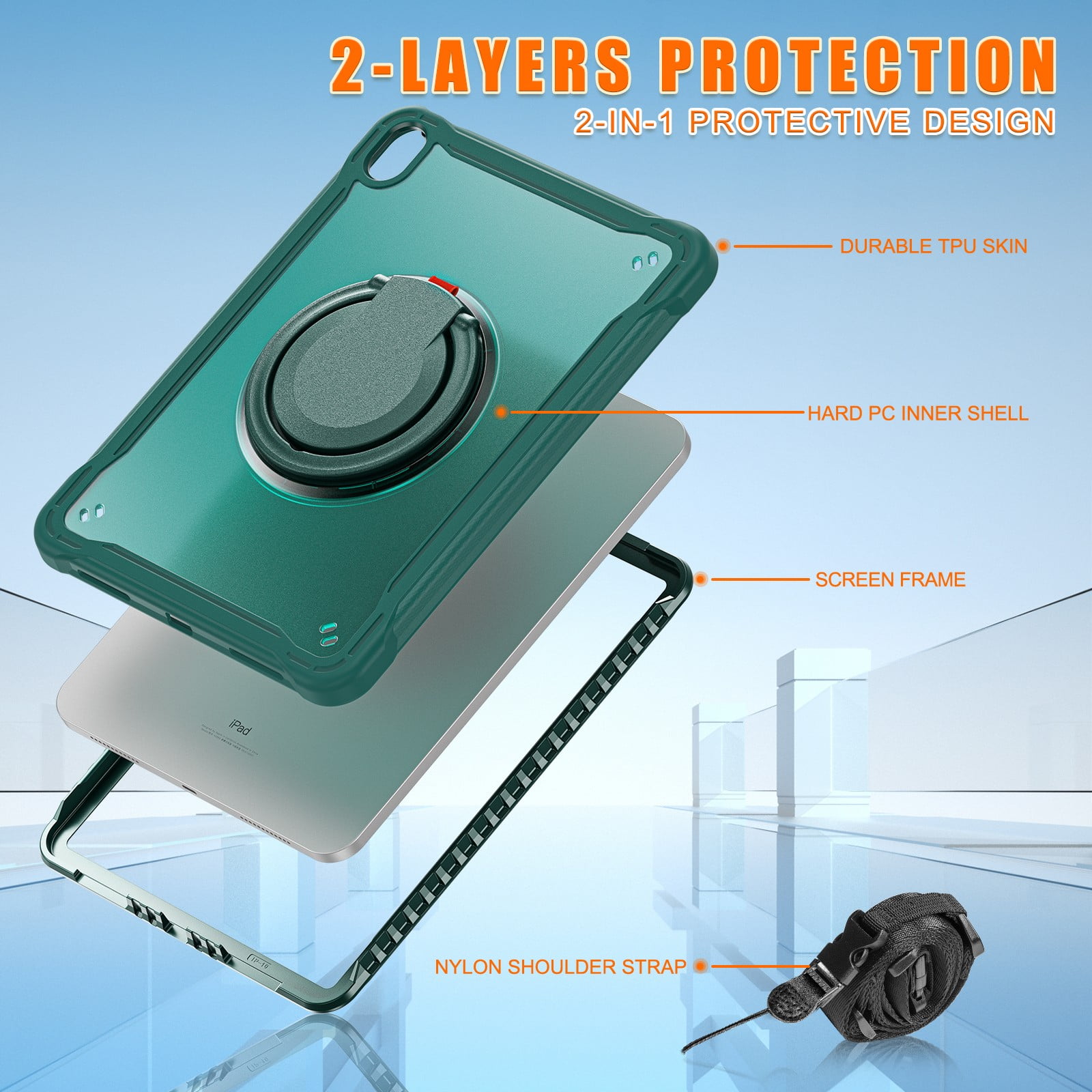 ELEHOLD Rugged Case For Apple iPad Air 13 (2024) Hybrid Shockproof Cover [360 Rotating Stand] [Hand Grip] [Pencil Holder] [Detachable Shoulder Strap] Kids Case, Darkgreen