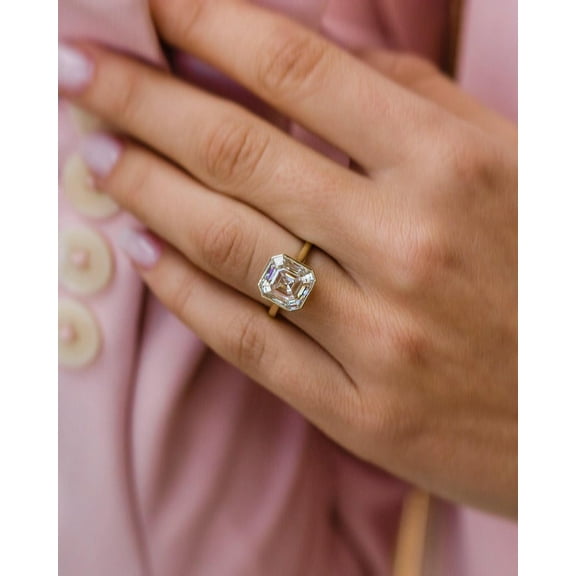 SOLITAIRE JEWELS 4.00CT Asscher Solitaire Bezel Moissanite Engagement Ring for Women Solid 10k Yellow Gold