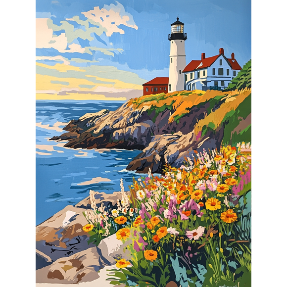 Coastal Lighthouse Floral Canvas Painting, Perfect for Living Room, Bedroom, Bathroom, Office, and Hallway Decor.