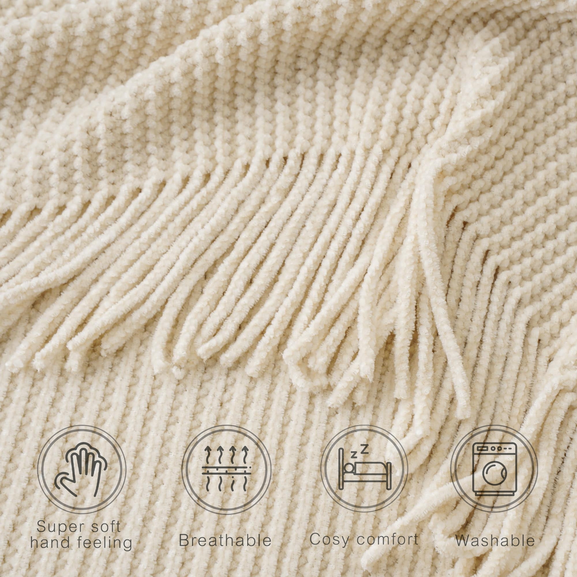 Battilo Beige Throw Blanket for Couch, Large Chenille Knit Throws with Tassels for Home Decor, 60"x80"