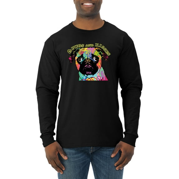 Pugs and Kisses Cute Dog Neon Rainbow Pug Dog Lover Mens Long Sleeve Shirt, Black, Small