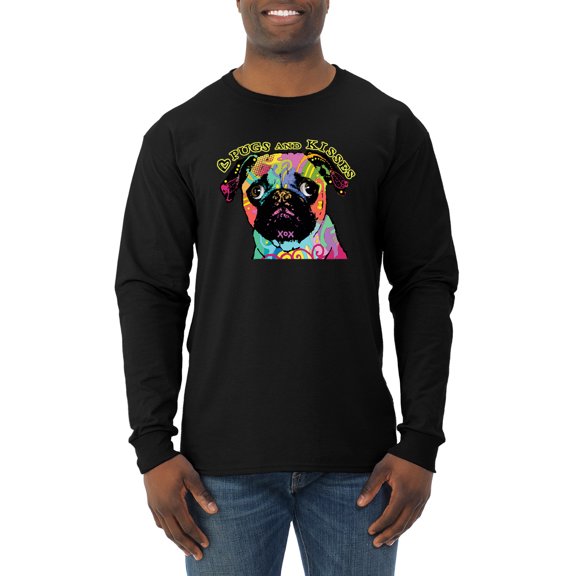 Pugs and Kisses Cute Dog Neon Rainbow Pug Dog Lover Mens Long Sleeve Shirt, Black, Small
