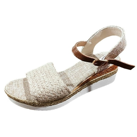 

Gzea Summer Sandals For Women 2024 Ladies Weave Open Toe Straw Buckle Strap Cloth Slope Heel Thick Soled Wedges Roman Sandals Summer Sandals Khaki 40