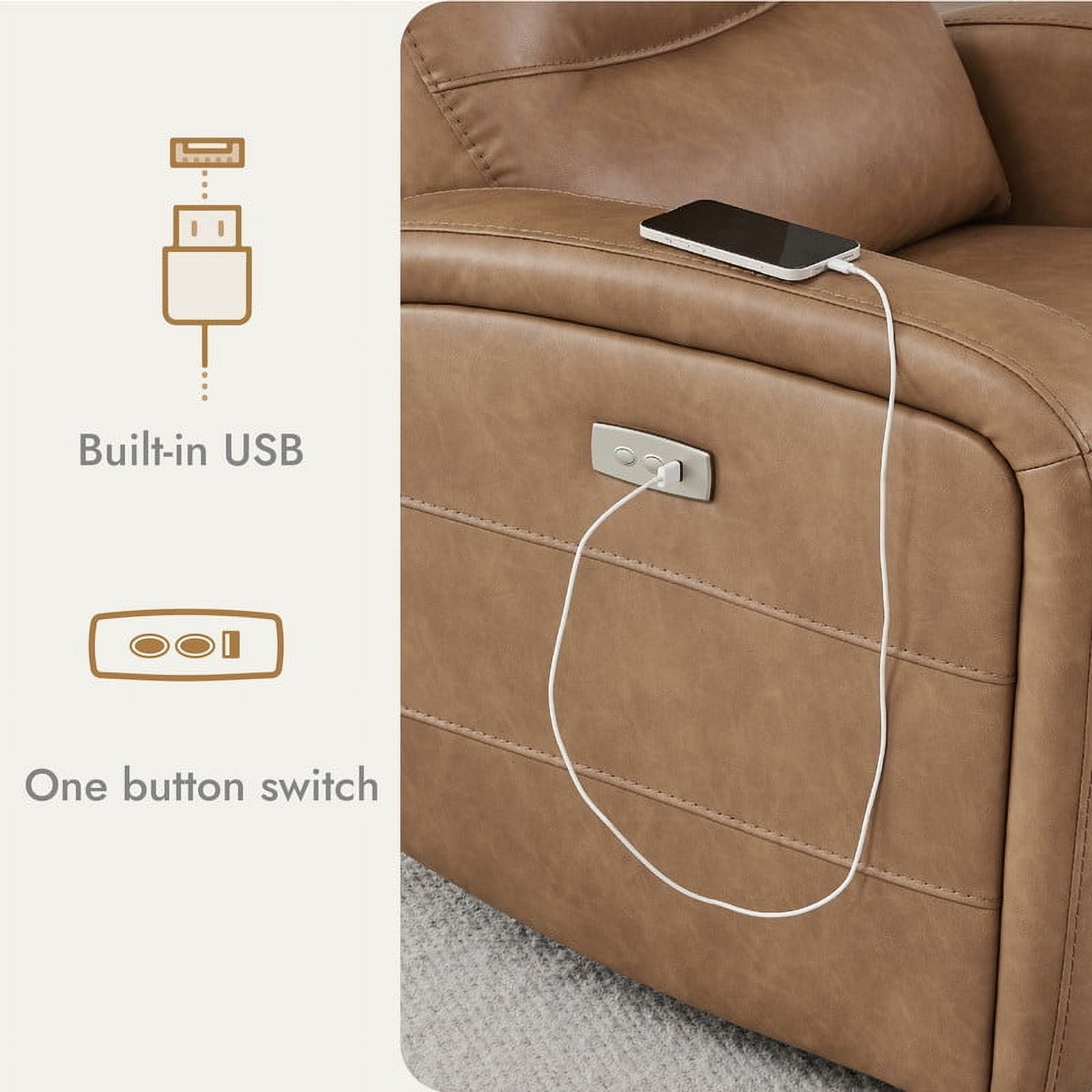 CHITA Power Glider Recliner Chair, 270° Swivel Recliner with USB & Type-C Charge for Nursery, Faux Leather in Camel