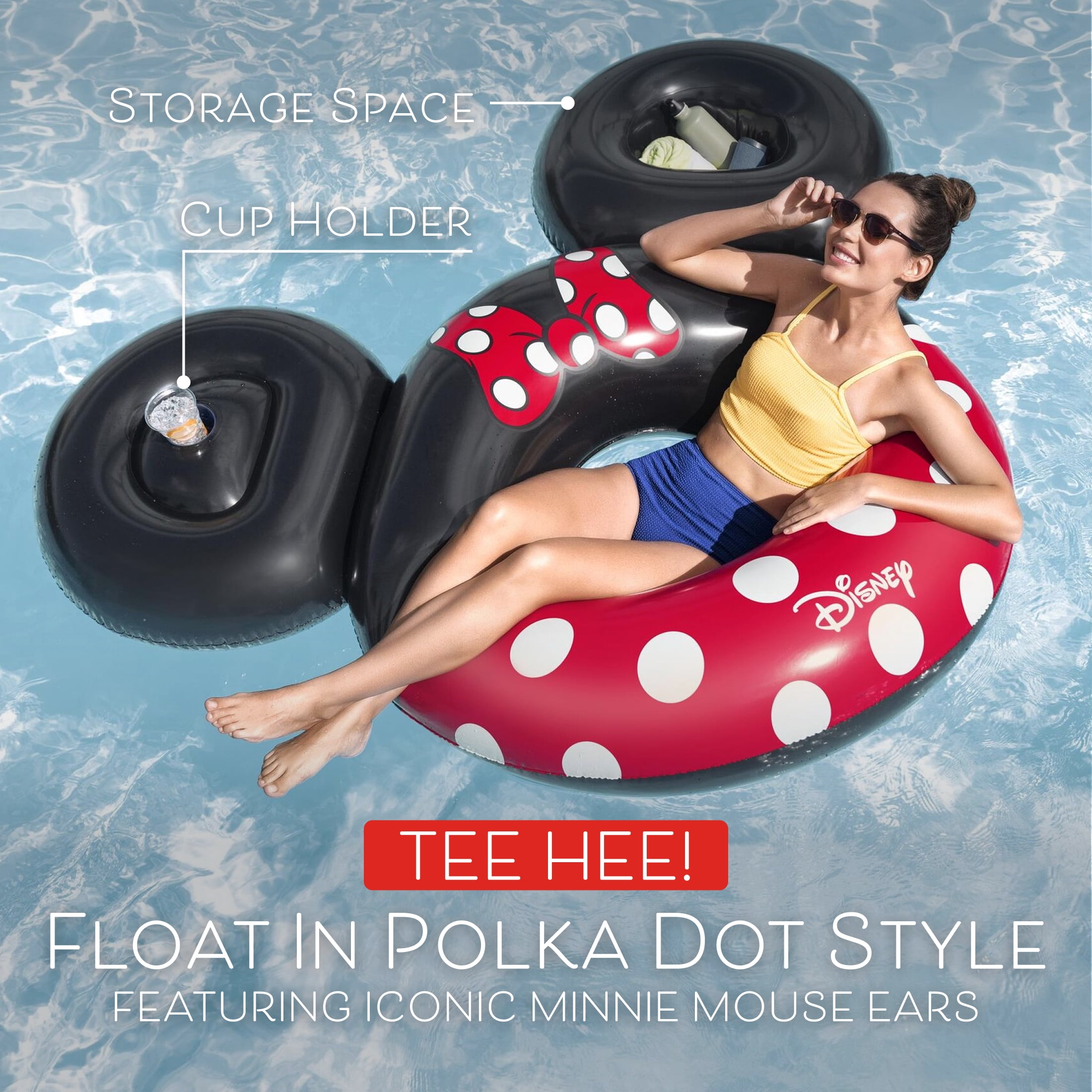 Disney Minnie Mouse Inflatable Swim Tube with Cup Holder & Storage Space, Extra Large 44’’ Dia.,  6’W X 56’’ H,  220lbs Weight Capacity, Age 12+