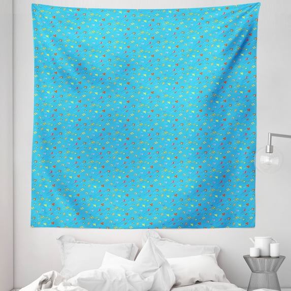 Kites Tapestry, Cartoon Style Colorful Kites Pattern Summer Season Elements on Blue Toned Background, Fabric Wall Hanging Decor for Bedroom Living Room Dorm, 5 Sizes, Multicolor, by Ambesonne