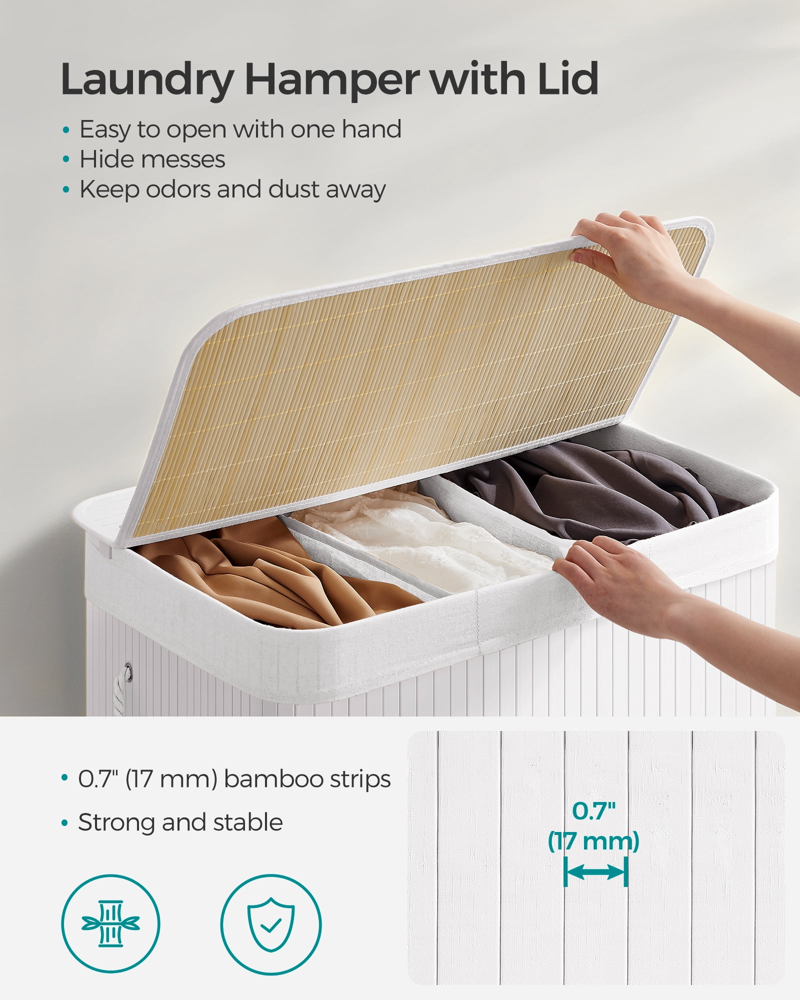 SONGMICS 39.6 Gallons Laundry Hamper, 3-Section Laundry Basket, Laundry Hamper with Lid, Bamboo, Foldable, Removable and Machine Washable Liner White