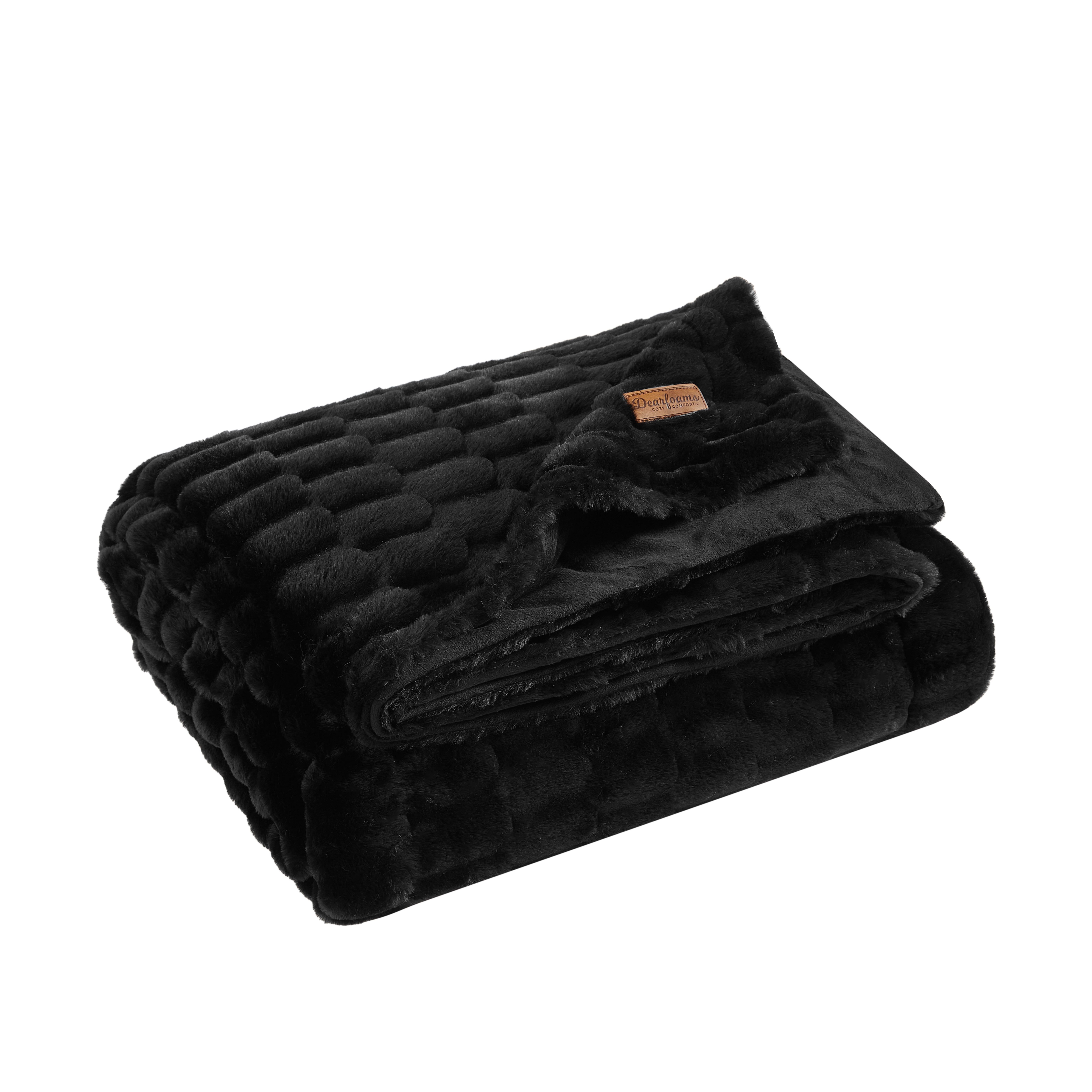 Dearfoams Textured Faux Fur Reversible Mink Bed Blanket, Black, Full/Queen, 90 x 90 in