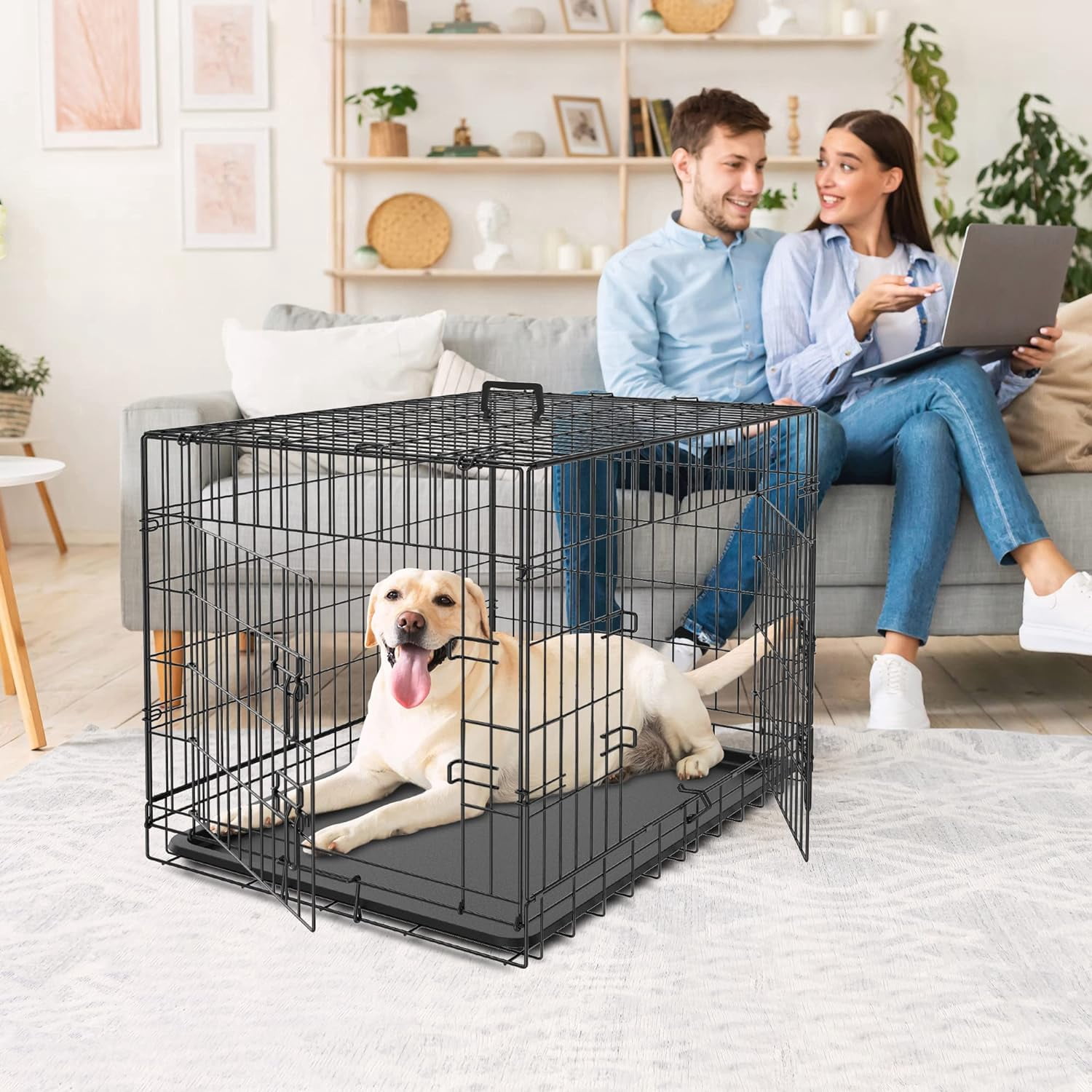 XF XINFENG Folding Dog Cage 36 inch Metal Wire Dog Crate with Tray, Double Door with Divider Panel, Pet Kennel for Indoor Outdoor, Black