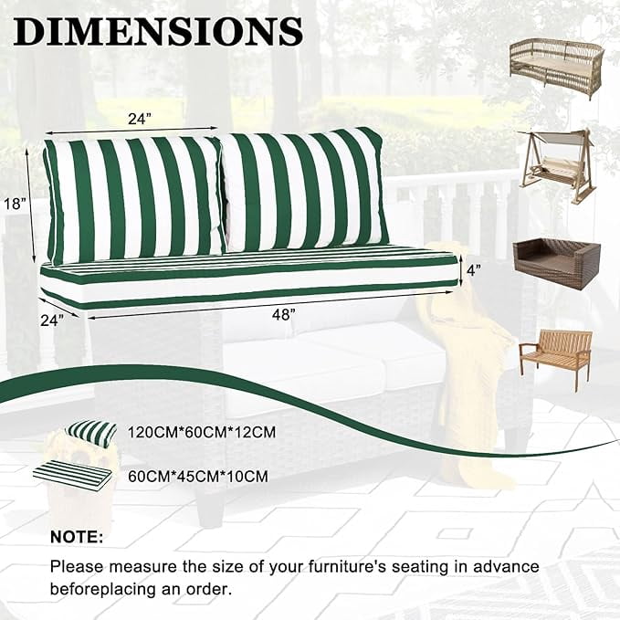Outdoor Loveseat Cushion Set, 48 x 24 inch, Water Repellent Patio Furniture Cushions Replacement with Removable Cover(Green White Stripe)
