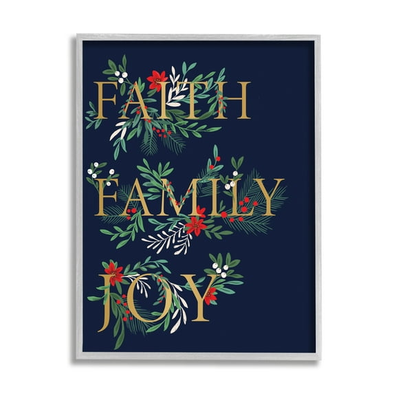 Stupell Industries Faith Family Joy Text Traditional Festive Holiday Typography Botanical & Floral Painting Gray Framed Art Print Wall Art, 11 x 14