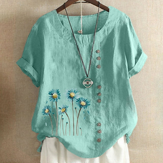 TopLLC Chemises Mexicaines pour Femmes Hauts Brodés Traditionnels Tunique Décontractée à Fleurs pour Femmes Col Rond Manches Courtes Chemises en Lin