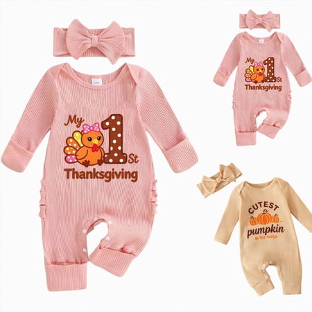HCNTES My First Thanksgiving Baby Girl Outfit Newborn Turkey Jumpsuit Romper And Headband Cute Infant Fall Clothes (Beige 3-6 Months)