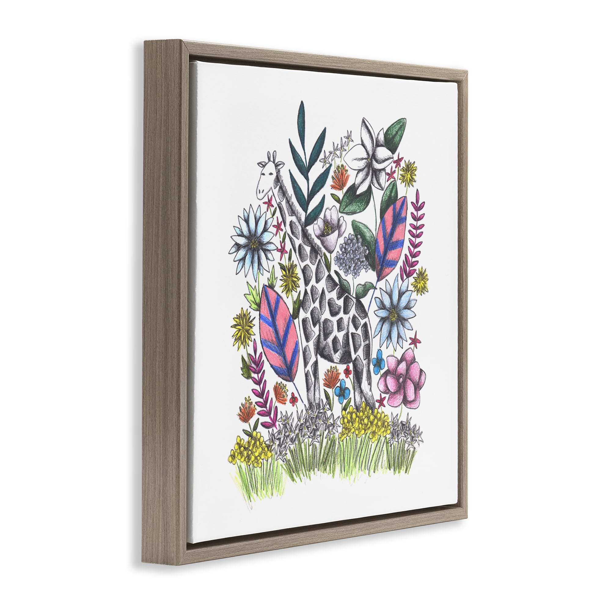 Giraffe in Midst of Flowers Brown Framed Floater Canvas Wall Art, design by Cecilia Battaini