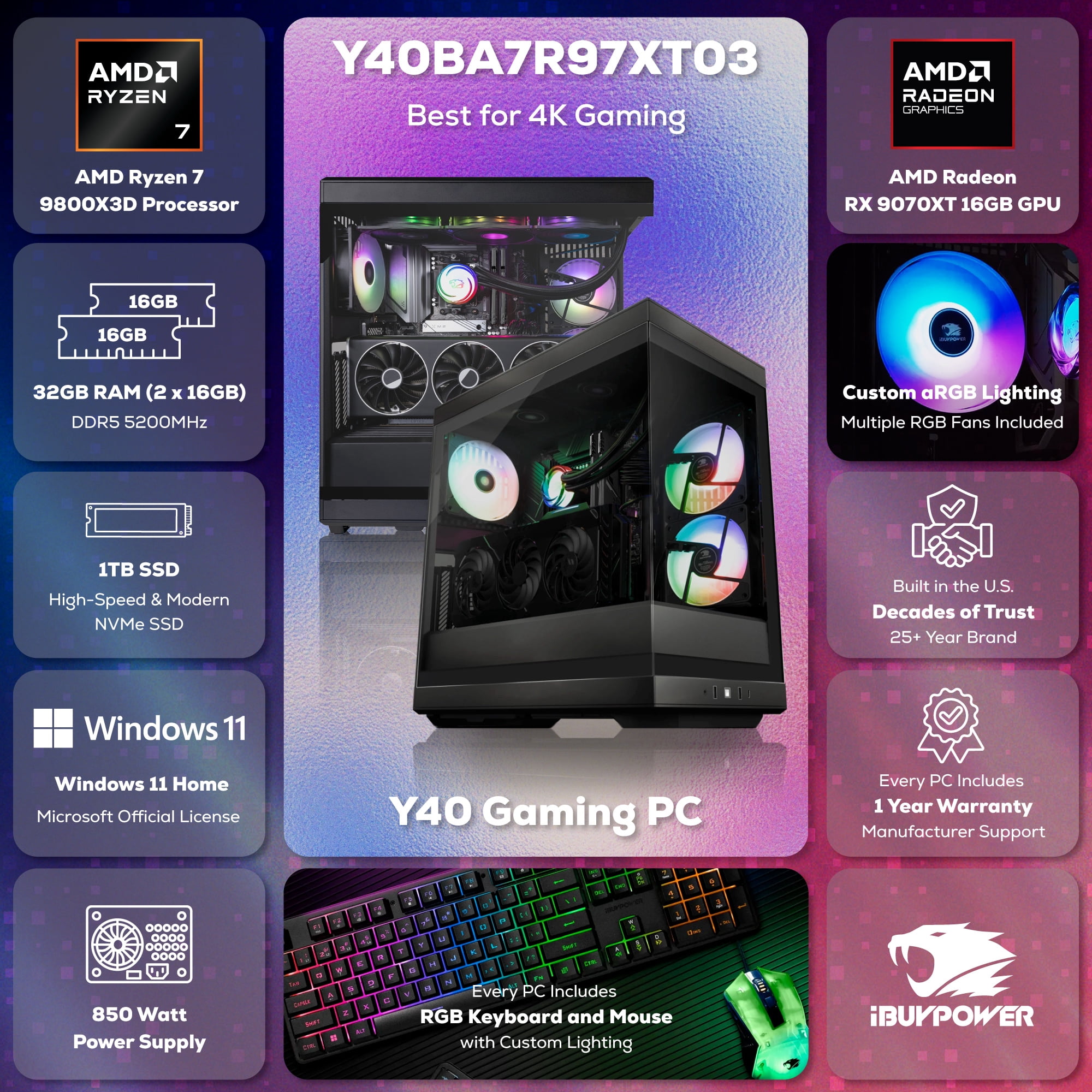 iBUYPOWER Y40 Gaming PC Desktop, AMD Ryzen 7 9800X3D, AMD Radeon RX 9070XT 16GB, 32GB DDR5 RAM, 1TB NVMe SSD, Y40BA7R97XT03