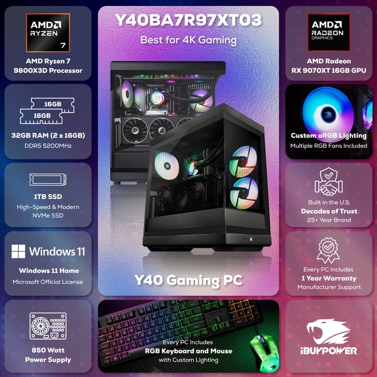iBUYPOWER Y40 Gaming PC Desktop, AMD Ryzen 7 9800X3D, AMD Radeon