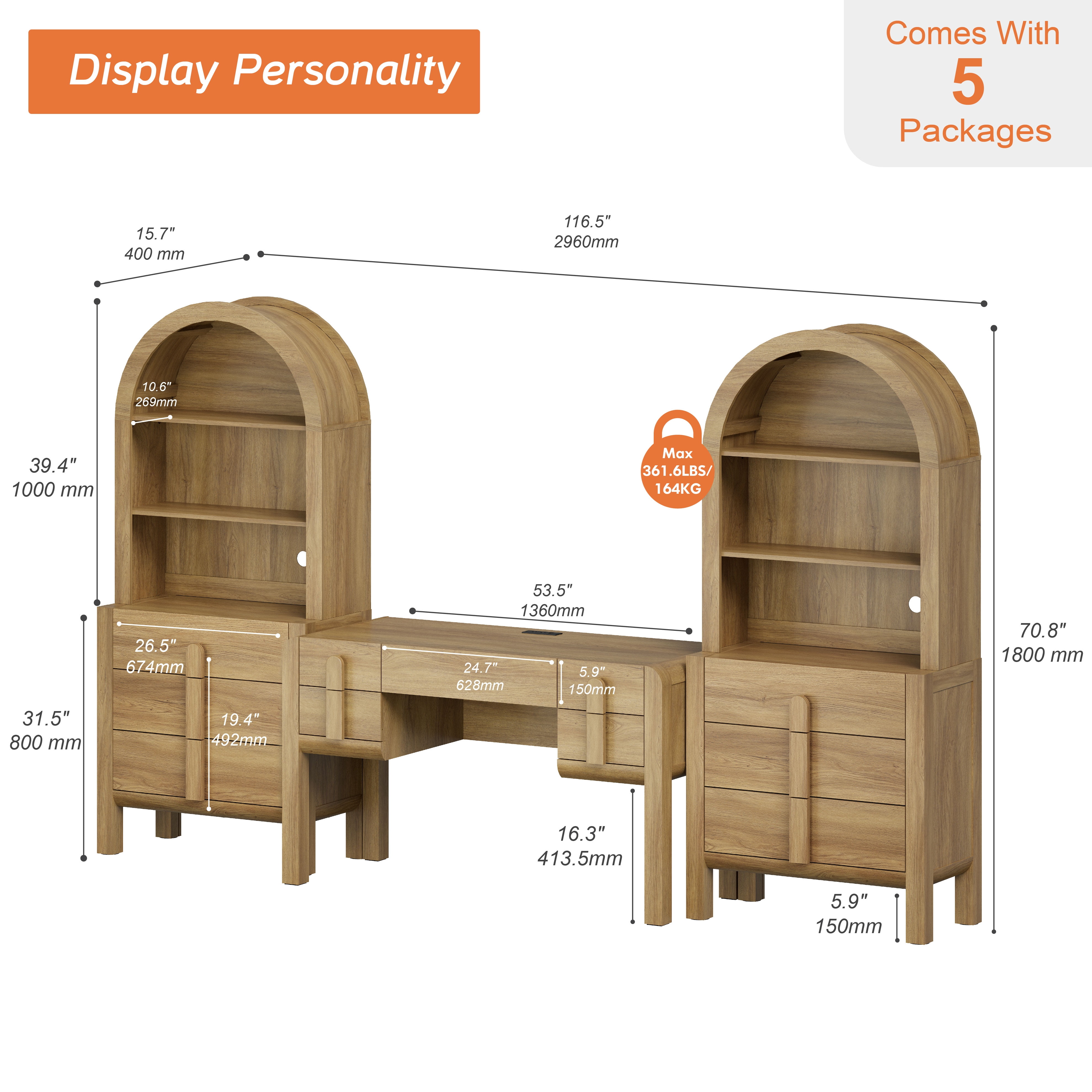 Home Office Set, 53.5" Modern Executive Desk with Charging Station and Drawers & 2 Piece 71"H Tall 3-Tier Arched Bookcases with Open Storage for Living Room, Bedroom, Home Office