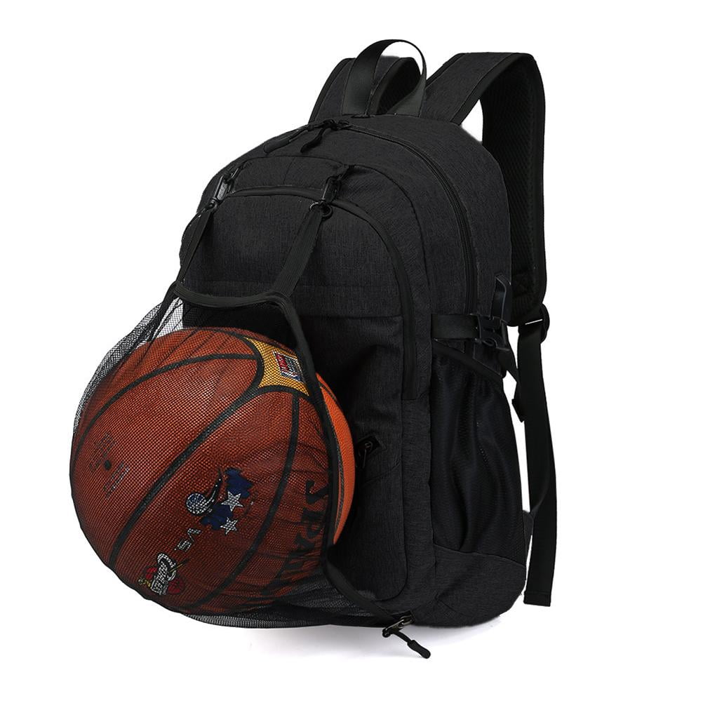 Gray Soccer Football -USB Charging Port Water Resistant Anti Theft Computer Travel Shoulder Bag Finders Laptop Backpack with Net For Basketball 