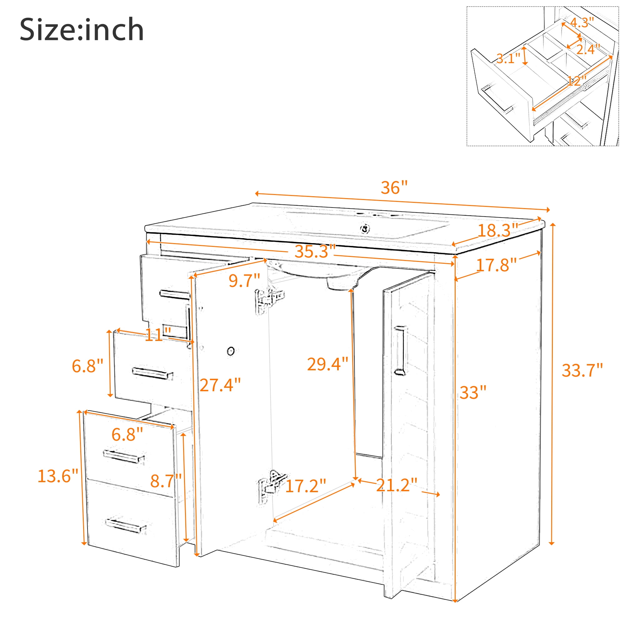 Euroco Bathroom Vanity with Ceramic Undermount Sink, Solid Wood Frame, 3 Drawers & Cabinet Storage, Soft-Close Doors
