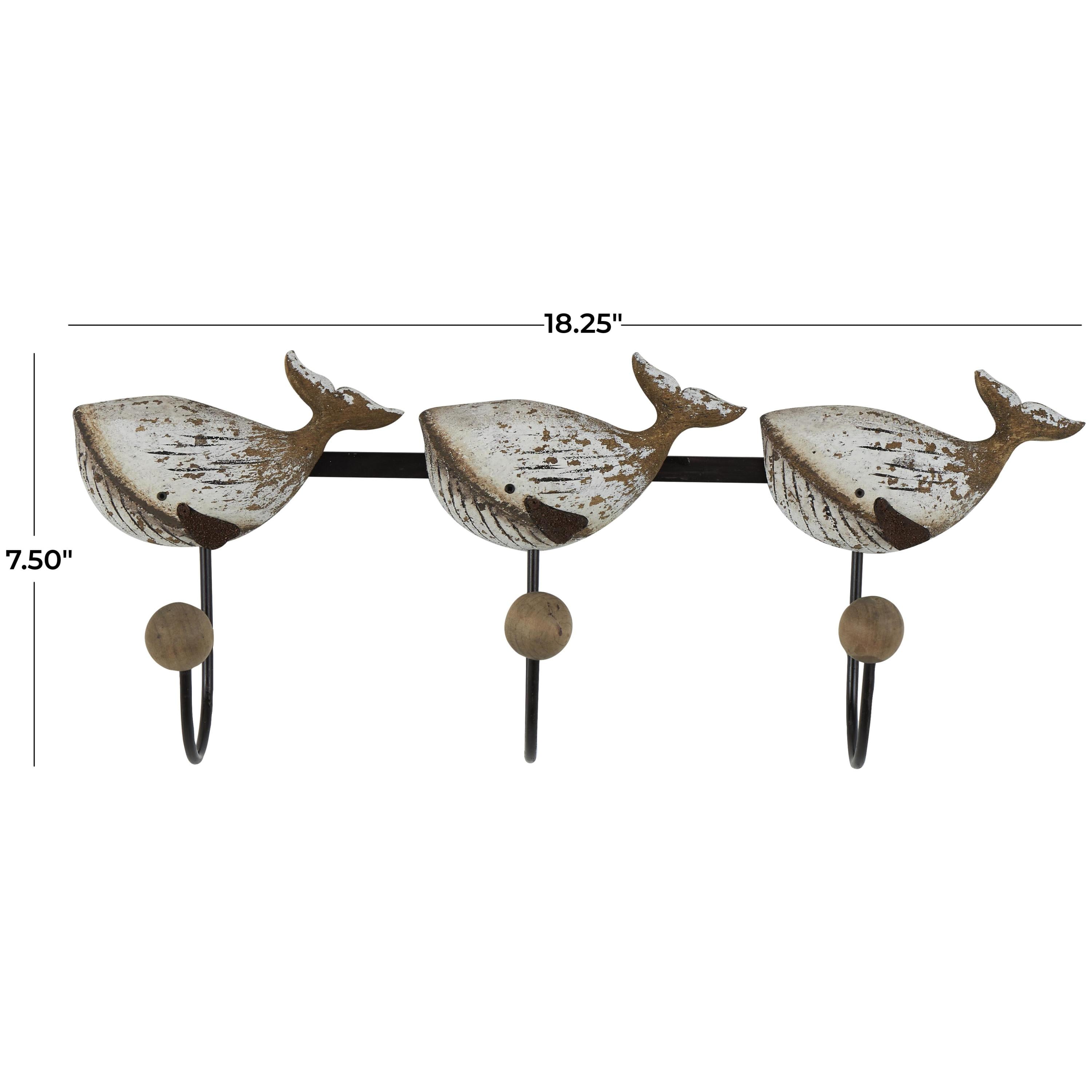 DecMode 18" x 8" Beige Wood Handmade Distressed 3 Hanger Whale Wall Hook with Black Metal Accents and Wood Ball Details, 1-Piece