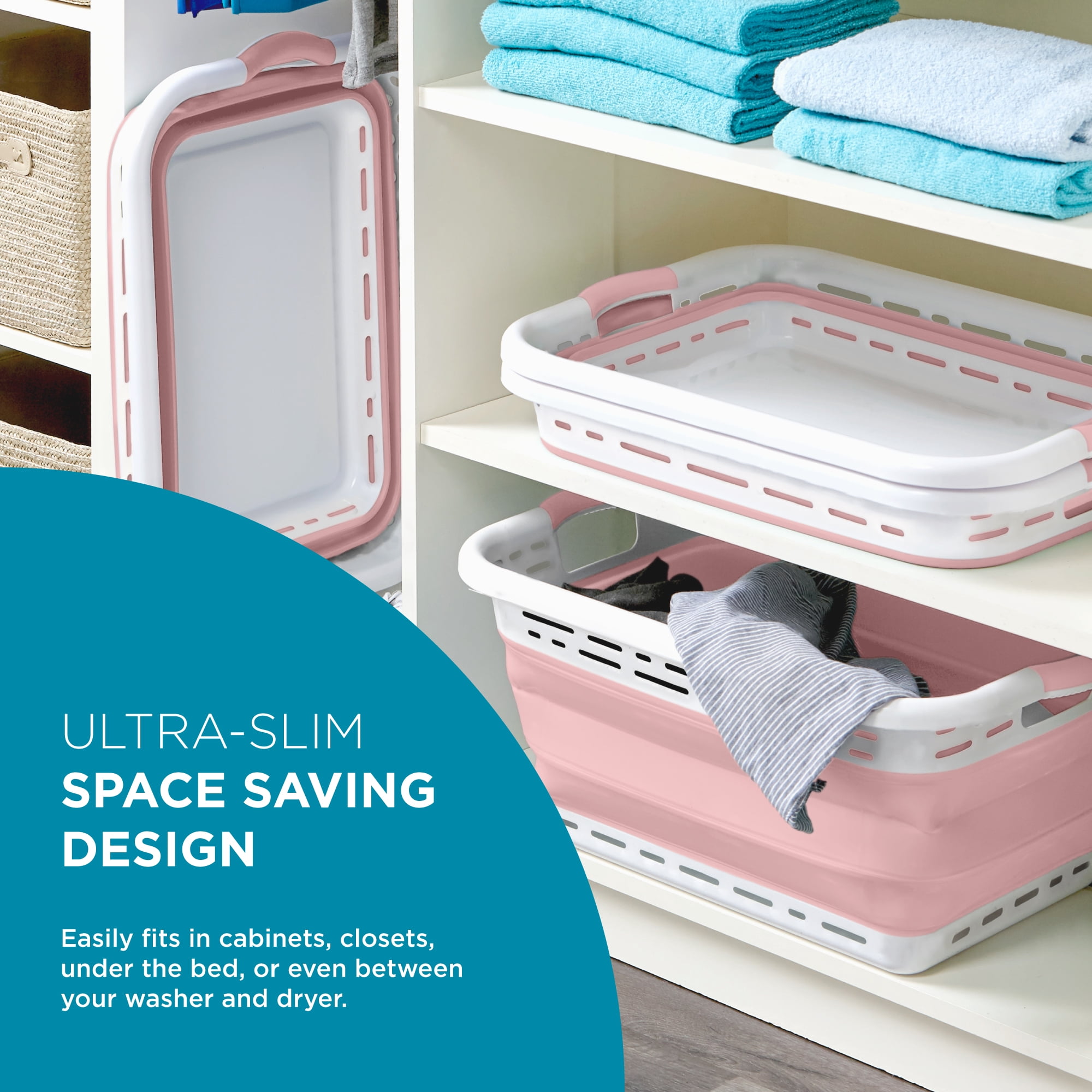 BLACK + DECKER Collapsible Laundry Basket with Handles, Space-Saving Design, Pink, 2-Pack