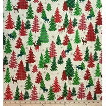 Cotton Holiday Farmhouse Plaid Forest Trees Pines Deer Winter Snow Benartex Cotton Fabric Print by the Yard (14396-07)