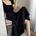 thumbnail image 5 of Women Summer Black Puff Sleeve Elegant Dress Square Collar A-Line Casual Solid, 5 of 10