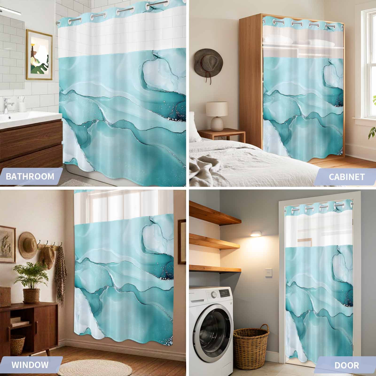 No Hook Shower Curtain,Turquoise Marble Waterproof Shower Curtains for Bathroom,Modern Abstract Art Texture Watercolor Bathroom Curtain with Mesh Top Window for Home Hotel Bathtub,Small Stall 36"x72"