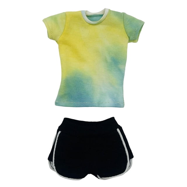 1/6 camisa de manga corta informal con pantalones cortos de verano, tops de verano que corren pantalones cortos para figuras de mujer de 12 pulgadas amarillo
