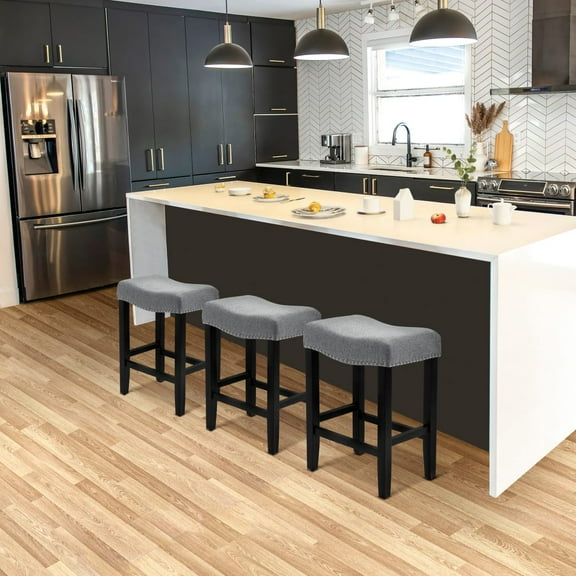 WestinTrends Lenox 24" Upholstered Saddle Seat Black Counter Stool (Set of 3), Black