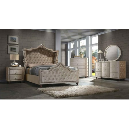 Meridian Furniture Diamond Canopy Beige Velvet Tufted Queen Size Bedroom Set 6pc