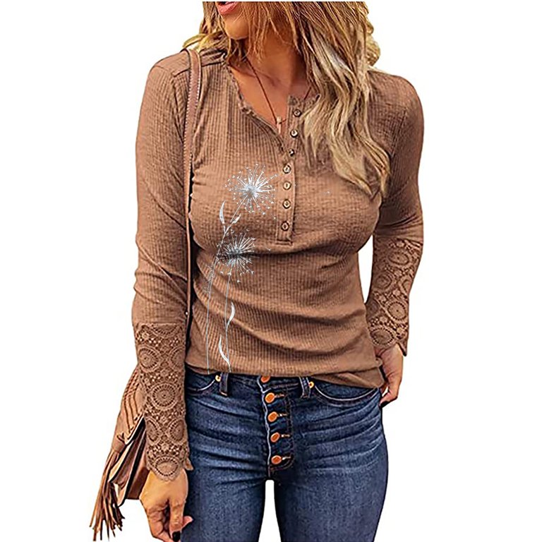 Fall Clearance Hfyihgf Womens Plus Size Lace Long Sleeve Henley Tops Fall  Casual Dandelion Printed Button Up Tunic Blouse Ribbed Knit Slim Fit