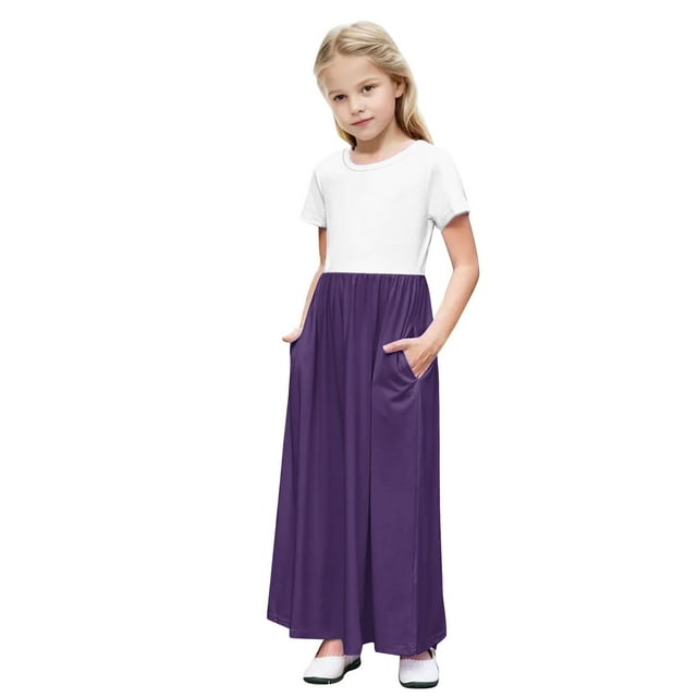 RXIRUCGD 2025 Vêtements d'Été pour Enfants Tout-Petits Filles Mignon Couleur Unie Manches Courtes Robe Extensible avec Poches Robe Longue Ligne A