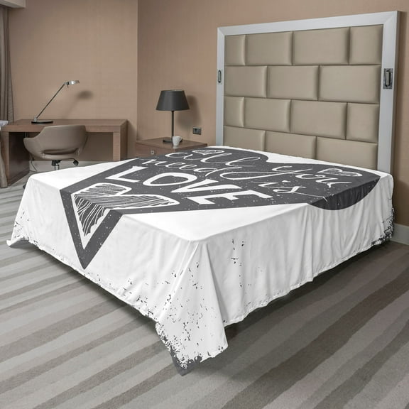 Ambesonne Saying Flat Sheet, Retro Love Heart Image, Queen Size, Grey and White