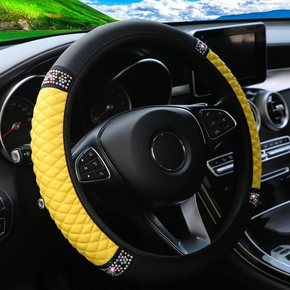 Bling Soft Leather Steering Wheel Cover, 15 Inch Colorful Rhinestones Auto Elastic Protector with Crystal Diamond for Women Girls, Car Accessories for Most Cars, SUVs (Yellow)