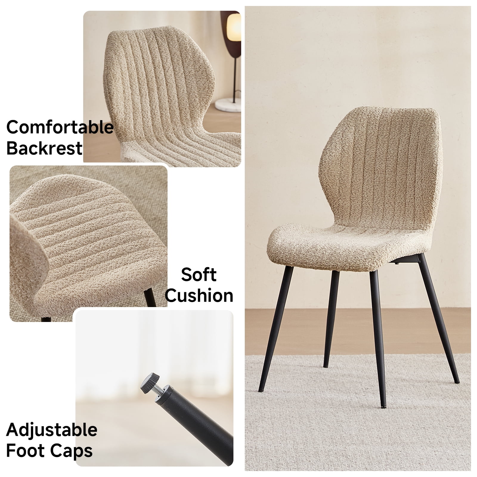 47" Round Dining Table Set of 4, Wood Kitchen Table with 4 Beige Boucle Dining Chairs