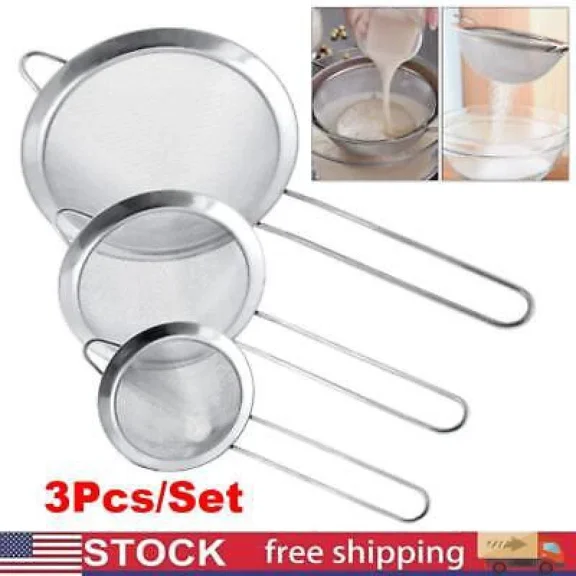 3Pcs Kitchen Strainer Fine Twill Mesh Strainers Stainless Steel Conical Colander