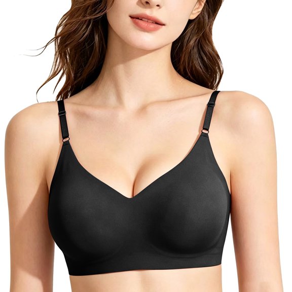 VISALY Seamless Wireless Bra for Women Comfortable Lightweight Support Bralette Jelly Bras Wireless Push Up Supportive Full Coverage T Shirt Bra No Underwire Everyday Seamless Bralette Black L