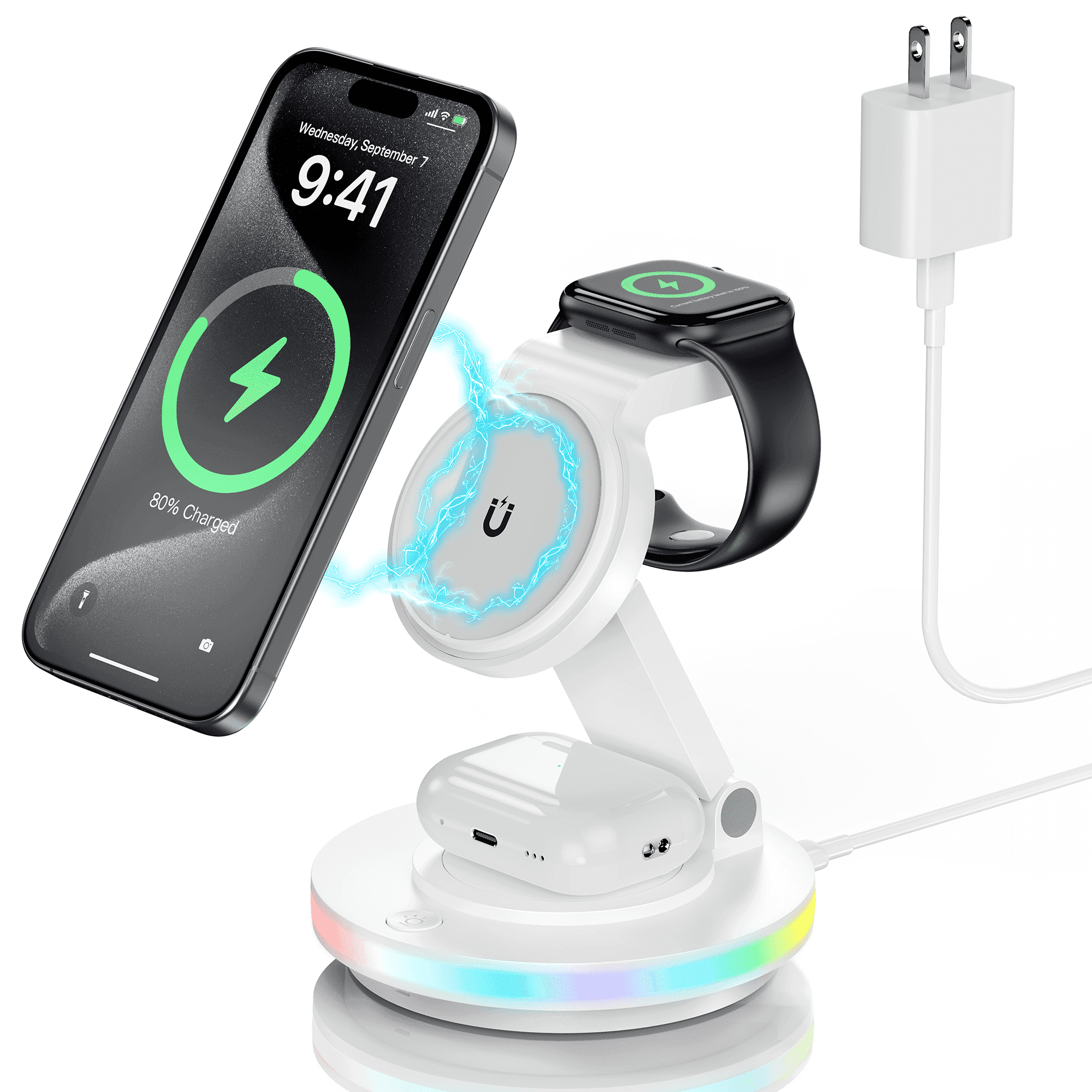 OWNTECH 20W 3-in-1 Wireless Charging Station Compatible with iPhone 16/15/14/Pro/Max, Apple Watch, AirPods Pro/4/3/2 - Fast Charger Pad with Night Light & Adapter Included (White)