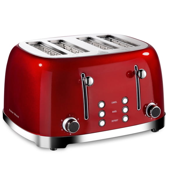 Roter Mond 4 Slice Toaster Retro Stainless Steel with Bagel Defrost Cancel Function, 6 Browning Settings, Extre Wide Slot and Removable Crumb Tray, R