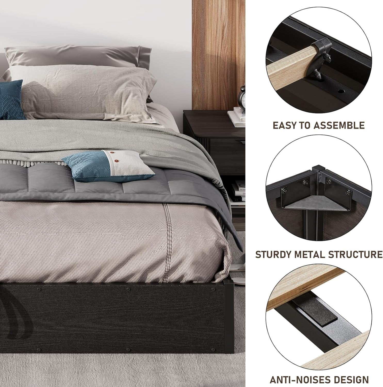 VanAcc Queen Size Lift Up Storage Platform Bed Frame, Metal Bed Frame with Wooden Slats Support, Large Storage Space, Noise Free, Easy Assembly, Black