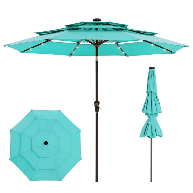 Memoryfield 10 ft Solar Patio Umbrella with LED Lights, 3-Tier Outdoor Market Umbrella with Ventilated Canopy, 8-Rib Umbrella for Deck & Pool, Turquoise Blue