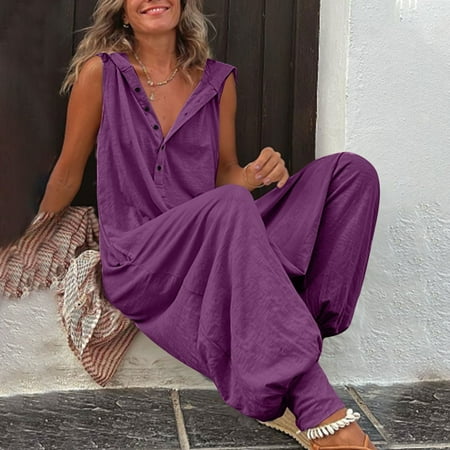 

Fashion Gift! MIARHB Women s Wide Leg Jumpsuit with Pockets Casual Solid Color Loose Retro Pocket Button Hooded Long Pant Romper Jumpsuit dresses for women 2023 Purple S